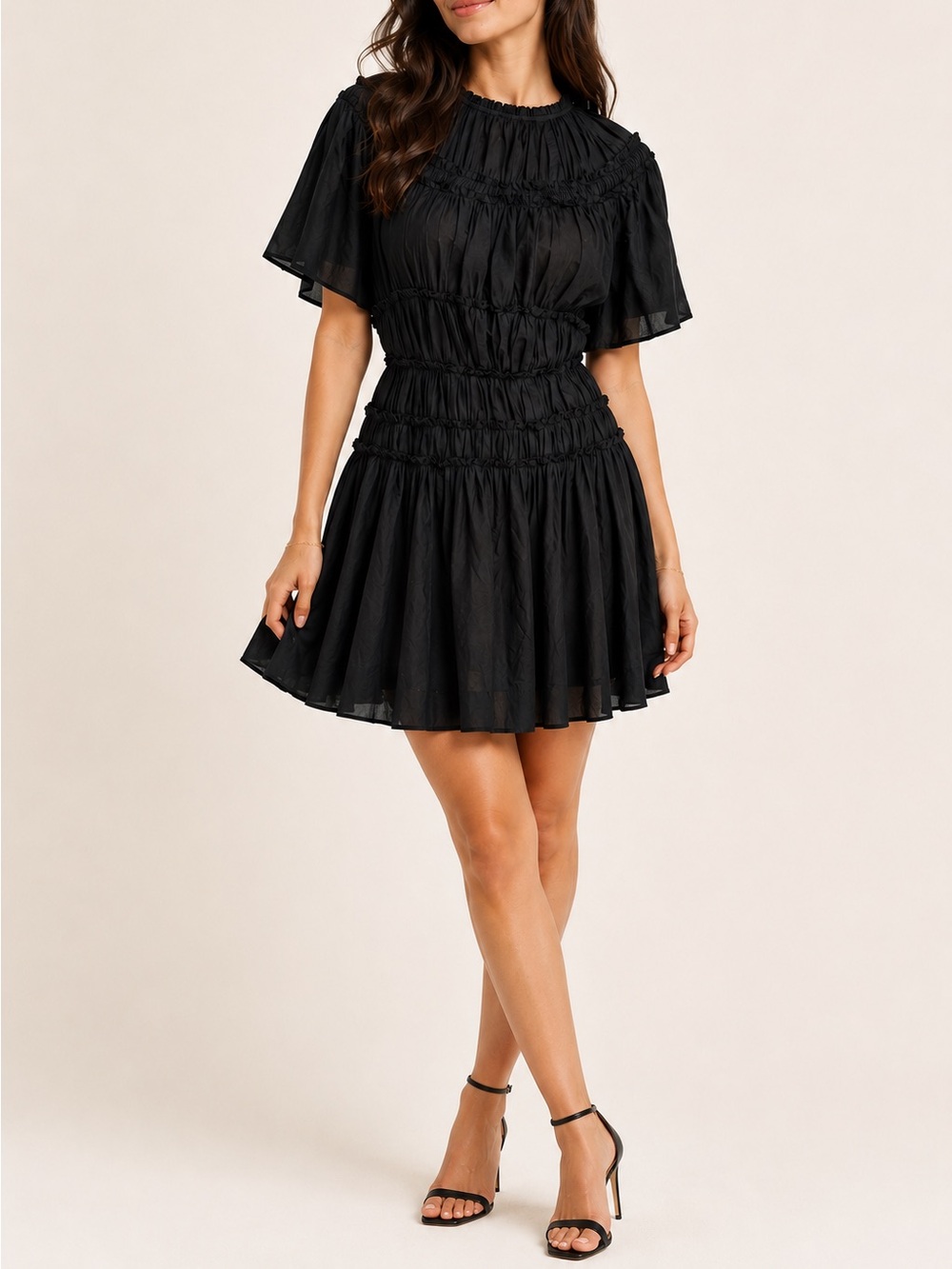 Merlette Black Cotton Voile Smocked Mini Dress XS Flutter Sleeve